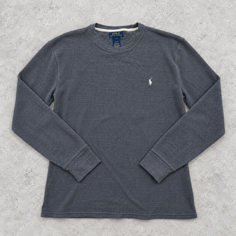 Polo Ralph Lauren Men's Charcoal Grey Waffle Knit Long Sleeve Crew Neck Shirt L